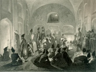 Mezquita persa en Ereván, Armenia, una noche durante el Ramadán, placa 19 de un libro sobre el Cáucaso, grabado por Eugene Le Roux (1807-63) publicado por Alfred Leon Lemercier, París, 1847